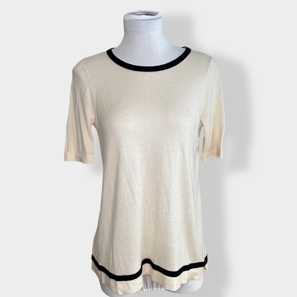Margaret O'Leary Ivory and Black Trim Knit‎ Top S